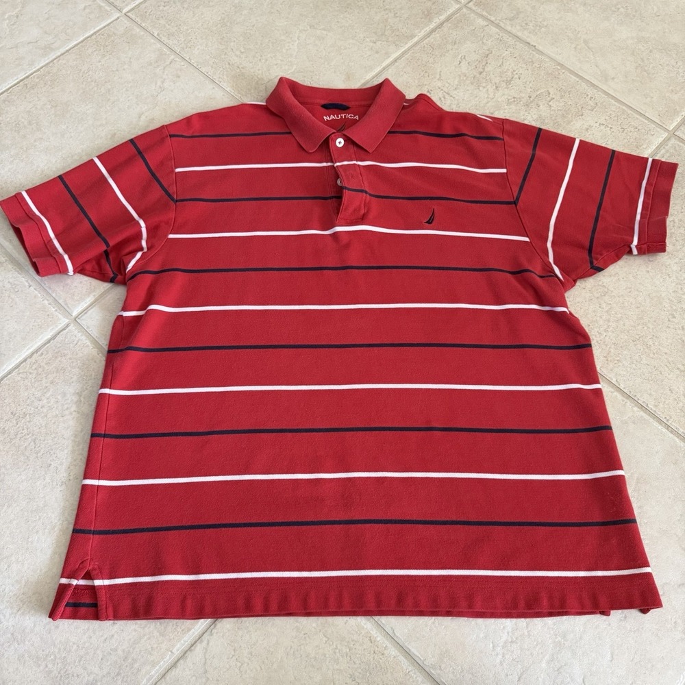 Men's Nautica Polo Shirt XL Red White Striped Classic 100% Cotton Short Sleeve